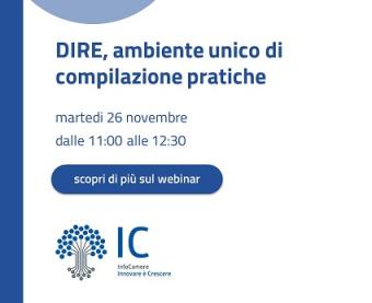 Webinar per le imprese su DIRE, ambiente unico di compilazione pratiche - 26 NOVEMBRE 2024 Webinar per le imprese su DIRE, ambiente unico di compilazione pratiche - 26 NOVEMBRE 2024
